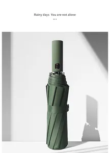 Vertical view of a folded dark green automatic umbrella with a textured handle.