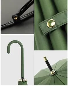 Detailed views of a 16-rib green straight umbrella with a stitched leather handle