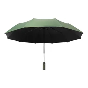 Large automatic green folding umbrella with windproof design for sun and rain protection
