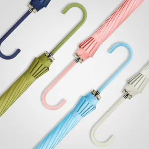 Automatic 16-rib long-handle umbrellas in multiple pastel colors with curved leather handles