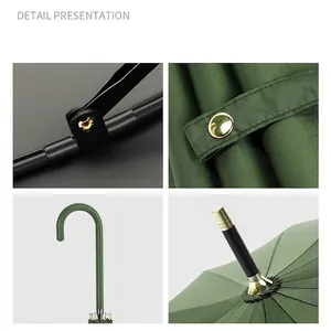 Detailed close-up views of a premium 16-rib automatic long-handle umbrella in forest green