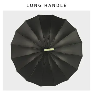 Large 16-rib black automatic long handle straight umbrella for sun and rain protection