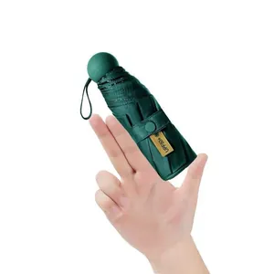 Compact dark green portable five-fold sun and rain umbrella with UPF50+ protection