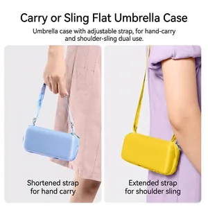 Portable flat umbrella bag with adjustable strap for hand-carry or shoulder use.
