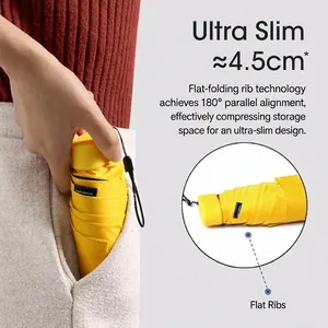 Ultra-slim 4.5cm compact folding yellow umbrella for daily sun and rain protection