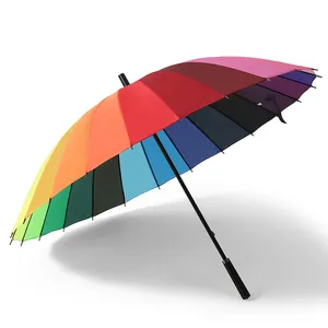 Large 24-rib windproof rainbow umbrella with long handle for couples