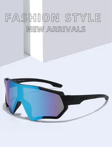 Detailed macro view of sports cycling sunglasses featuring iridescent UV protection lens