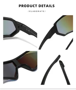 Close-up details of cycling sunglasses showing UV protection and durable frame hinges.