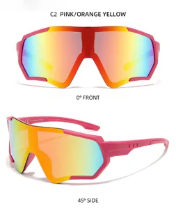 Detailed views of pink cycling sunglasses with iridescent lenses from front and side angles