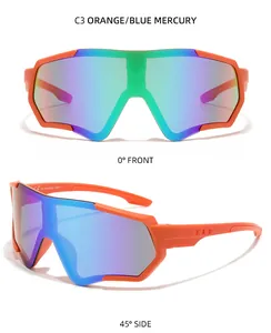 Detailed view of orange sports cycling sunglasses with iridescent mercury lenses