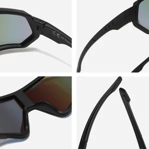 Detailed view of black sports cycling sunglasses showing hinge and temple with UV protection