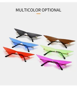 Detailansicht der dreieckigen, randlosen Cat-Eye-Sonnenbrille in verschiedenen Farben