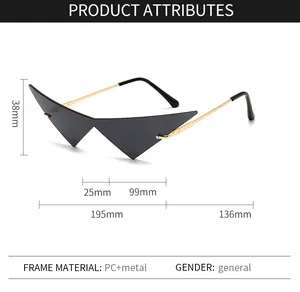 Detailansicht der dreieckigen Katzenaugen-Sonnenbrille mit exakten Produktmaßen und Daten.