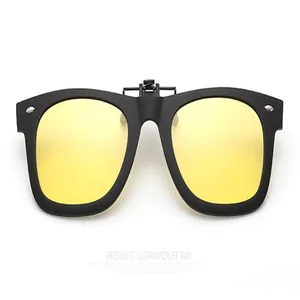 Front view of yellow mirrored polarized clip-on sunglasses with square frame design
