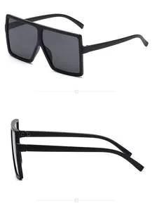 Übergroße schwarze quadratische Sonnenbrille von vorne und von der Seite gezeigt.