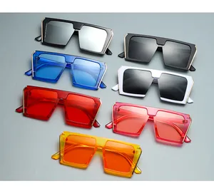 Variety of colorful flat-top square sunglasses with metallic accents shown in a grid