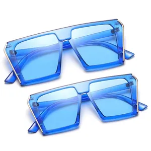 Blue oversized parent-child sunglasses set with flat top square frames and gold trim