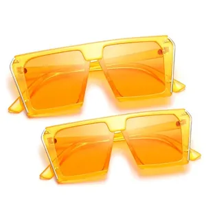 Trendy parent-child square sunglasses set with flat top orange candy frames and UV protection