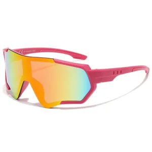 Pink outdoor cycling sunglasses featuring iridescent large shield lens and UV400 protection