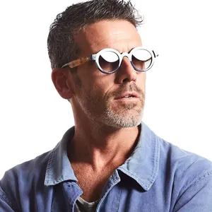 Gafas de sol redondas retro para hombre con elegantes monturas de plástico azul y blanco