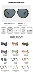 Detailed size guide and 12 color options for unisex retro double-bridge aviator sunglasses