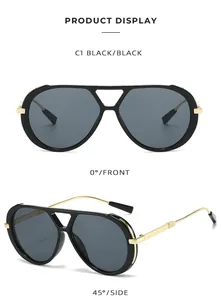 Professional detail views of black aviator sunglasses with gold temples and a double bridge