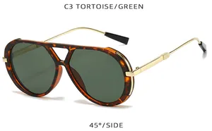 Detailed 45-degree side view of vintage tortoise shell sunglasses with green lenses