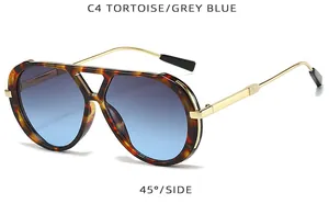 45-degree side view of retro tortoiseshell double bridge sunglasses with blue lenses