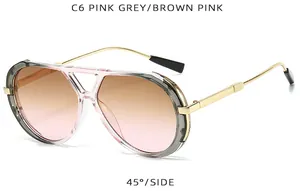 Retro oversized sunglasses with pink-brown gradient lenses, showing a 45-degree side view.