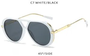 Detail side view of retro white aviator sunglasses featuring elegant gold metal temples