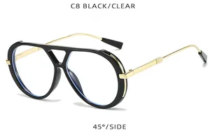 Vintage double bridge black eyeglasses frame with gold temples 45-degree side view.