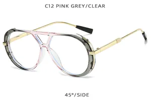 Side view of retro double bridge sunglasses with pink and grey gradient frames.