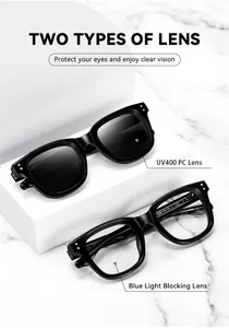 Detail of two lens types: UV400 sunglasses and blue light blocking glasses in square frames.