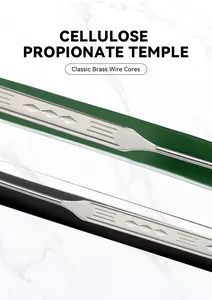 Detailed macro view of cellulose propionate temples with classic brass wire cores.
