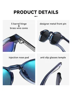 Detailed shots of blue polarized sunglasses highlighting hinges, pins, and nose pads.