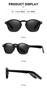 Detailed views of retro polarized black square-round sunglasses with UV protection
