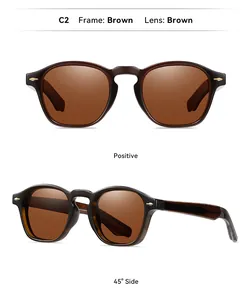 Front and 45-degree side views of brown vintage square round polarized sunglasses.