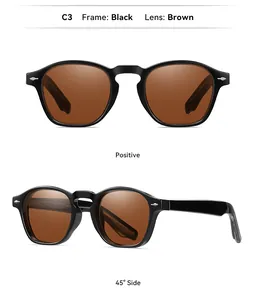 Vintage black frame sunglasses with brown polarized lenses shown in multiple views