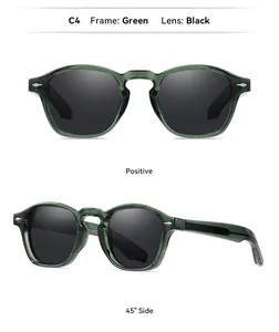 Front and 45-degree side views of retro green frame sunglasses with black lenses