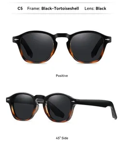 Detail view of retro black and tortoiseshell polarized sunglasses from two angles