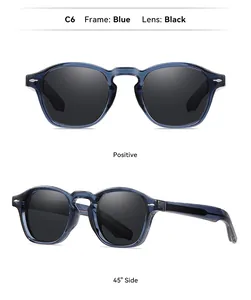 Front and 45-degree side views of classic blue retro polarized sunglasses with black lenses
