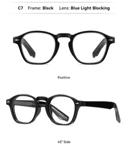 Front and 45-degree side views of black retro square-round blue light blocking glasses