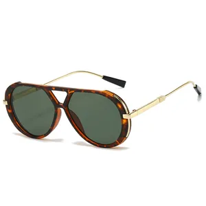 Vintage Double Bridge Leopard Square Sunglasses For Women Retro Gradient Lens Sun Glasses Fashion Metal Temple Big Frame Eyewear