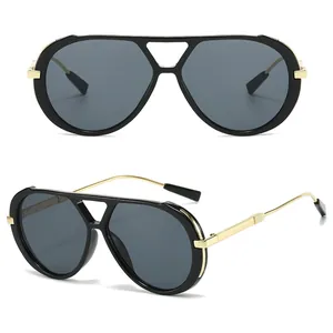 Chic vintage double bridge sunglasses featuring black frames and gold metal temples