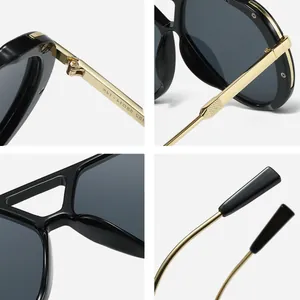 Detailed macro views of retro double bridge sunglasses showing hinges and temples