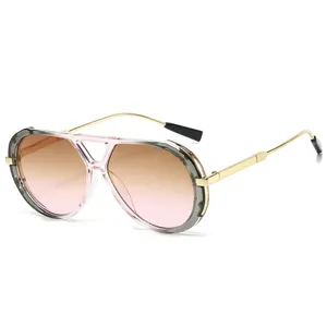 High-end retro double-bridge sunglasses for women with pink gradient lenses and gold temples