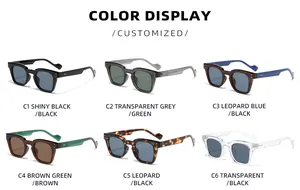Color display of six retro square sunglasses variants including black and leopard patterns.