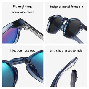 Detailed view of polarized retro square round sunglasses with blue frames and metal pins