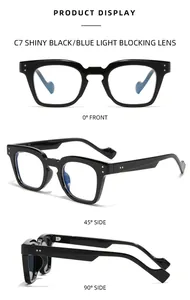 Multi-angle views of shiny black retro square glasses with blue light blocking lenses