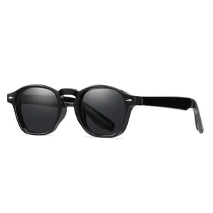 Professional black polarized sunglasses featuring a retro square-round frame and silver rivets.